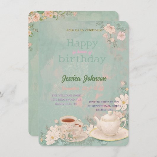 Theevisite uitnodiging in Shabby Chic-stijl (Voorkant / Achterkant)