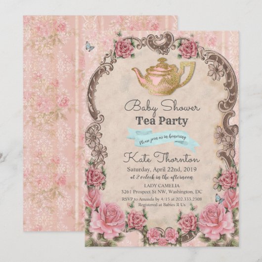 Theevisite voor babyfeest met vintage bloemen kaart (Voorkant / Achterkant)