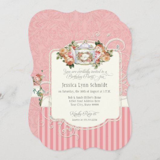 Theevisite Waterverf Elegante Rozen Verjaardagsfee Kaart (Voorkant / Achterkant)