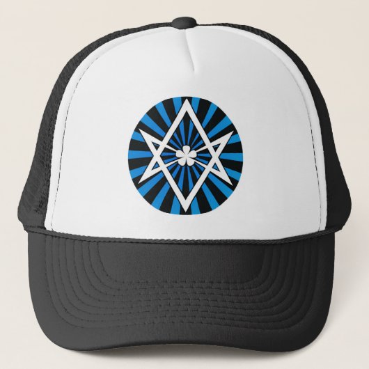 Thelema Unicursal Hexagram Blue Sunburst Trucker Pet (Voorkant)