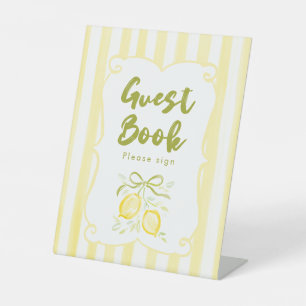 Thema baby shower gastboek met citroen reclamebord met voetstuk