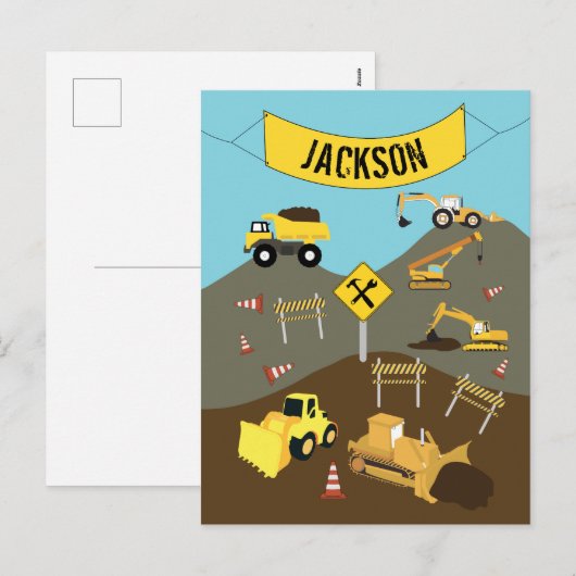 Thema bouwterrein vrachtwagens feestdagenkaart (Voorkant / Achterkant)