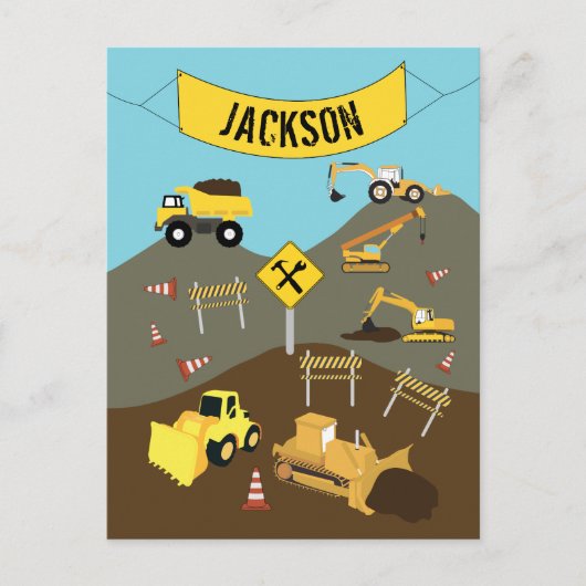 Thema bouwterrein vrachtwagens feestdagenkaart (Voorkant)