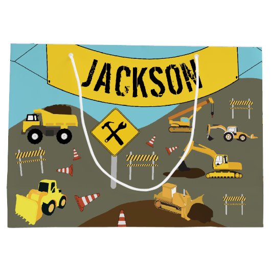 Thema bouwterrein vrachtwagens groot cadeauzakje (Achterkant)