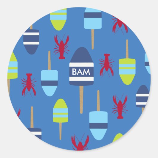 Thema buoy en kreeft, monogrammen ronde sticker (Voorkant)