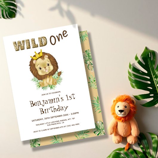 Thema eerste verjaardagsfeestje wilde baby leeuw kaart