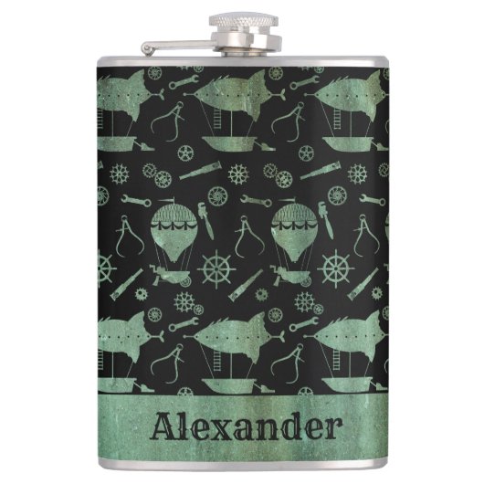 Thema grote steampunk Verdigris Airship Aangepast Heupfles (Voorkant)