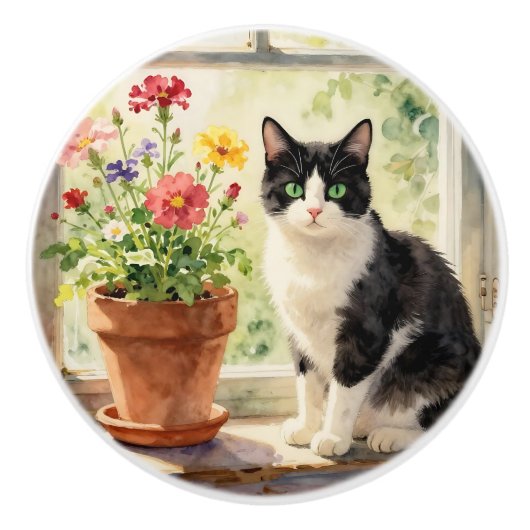 Thema Kat en Bloem Keramische Knop (Voorkant)