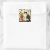 Thema kat en bloem vierkante sticker (Tas)