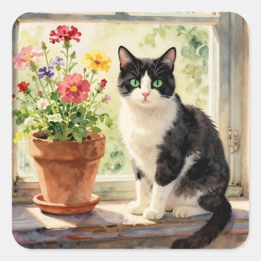 Thema kat en bloem vierkante sticker (Voorkant)