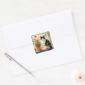 Thema kat en bloem vierkante sticker (Envelop)