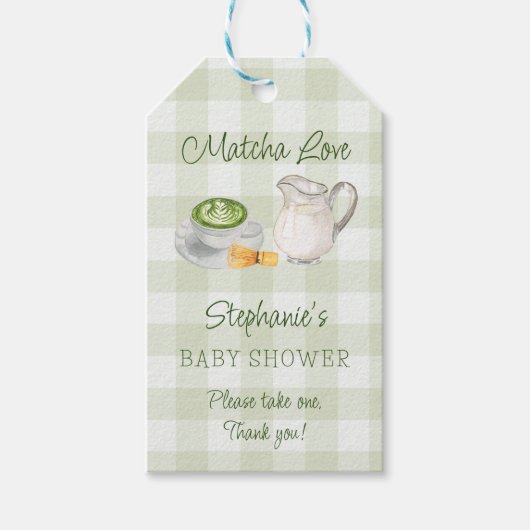 Thema Matcha groene Gingham geruite baby shower Cadeaulabel (Voorkant)