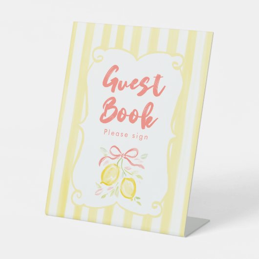 Thema meisje baby shower gast boek met citroen reclamebord met voetstuk (Voorkant)