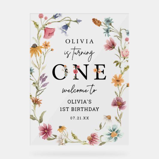 Thema Meisje Wilde Bloem 1e Verjaardag Welkom Acryl Bord (Voorkant)