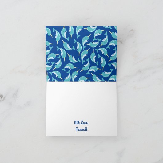 Thema Narwhals Ocean Cute 1st Birthday Kaart (Binnen)