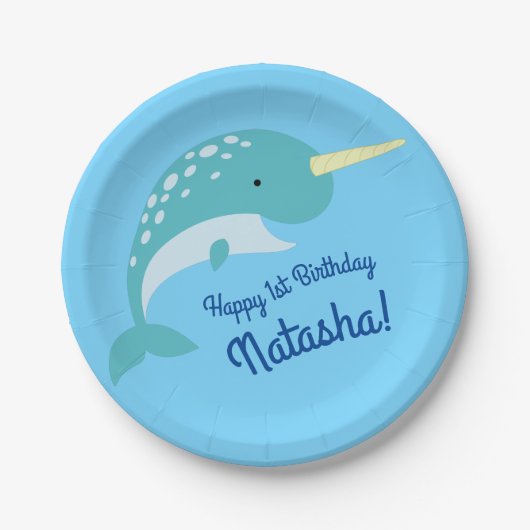 Thema Narwhals Ocean Cute 1st Birthday Papieren Bordje (Voorkant)