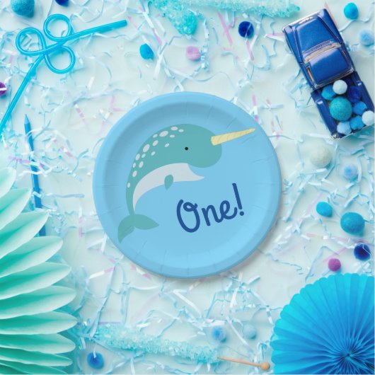 Thema Narwhals Ocean Cute 1st Birthday Papieren Bordje (Feest)