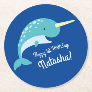 Thema Narwhals Ocean Cute 1st Birthday Ronde Kartonnen Onderzetter