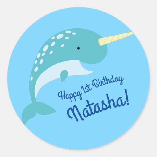 Thema Narwhals Ocean Cute 1st Birthday Ronde Sticker (Voorkant)