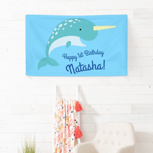 Thema Narwhals Ocean Cute 1st Birthday Spandoek (Insitu)
