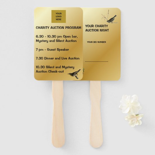 thema ' s van de luxe goudliefdadigheidsveiling va handwaaier (Voorkant en achterkant)