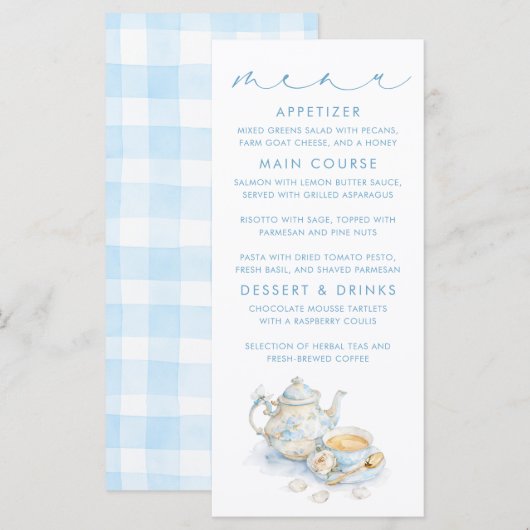 Thema-thee blauwe geruite patroon menukaarten menu (Voorkant / Achterkant)