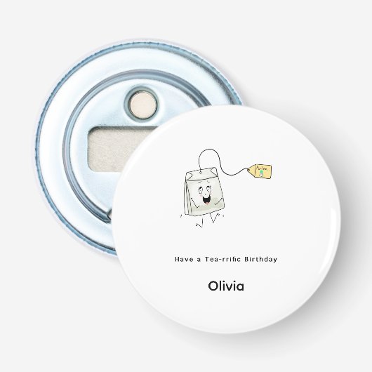 Thema-theeflessenopener, theeliefhebber button flesopener (Voorkant)
