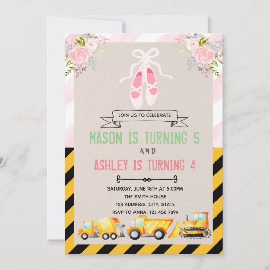 Thema-uitnodiging voor Tutu's en vrachtwagens Kaart (Voorkant)