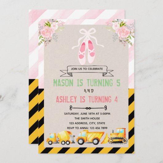 Thema-uitnodiging voor Tutu's en vrachtwagens Kaart (Voorkant / Achterkant)