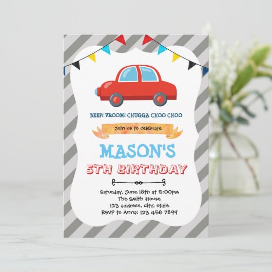 Thema voor kleine rode auto's Uitnodiging (Staand voorkant)