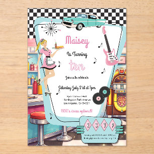Themafeest in retro diner-stijl uit de jaren 50 acryl uitnodigingen