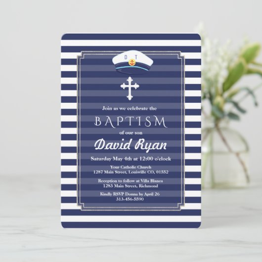 Thematische uitnodiging voor doopfeest met zilver  (Staand voorkant)