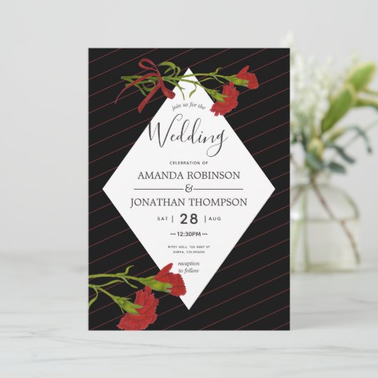 Thematische uitnodiging voor zwarte en rode bruilo (Staand voorkant)