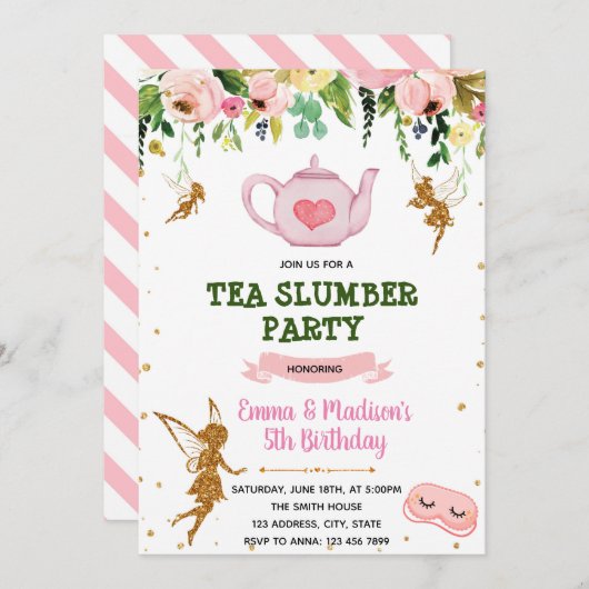 Themauitnodiging voor airy tea sleepover kaart (Voorkant / Achterkant)