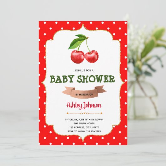 Themauitnodiging voor het baby shower Cherry Kaart (Staand voorkant)