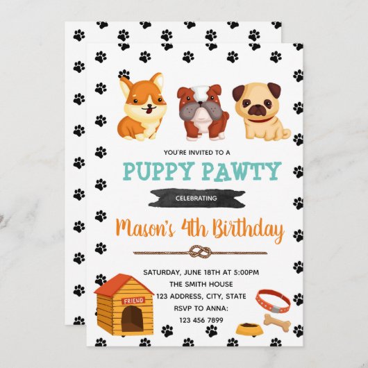 themauitnodiging voor het vieren van een hondje kaart (Voorkant / Achterkant)