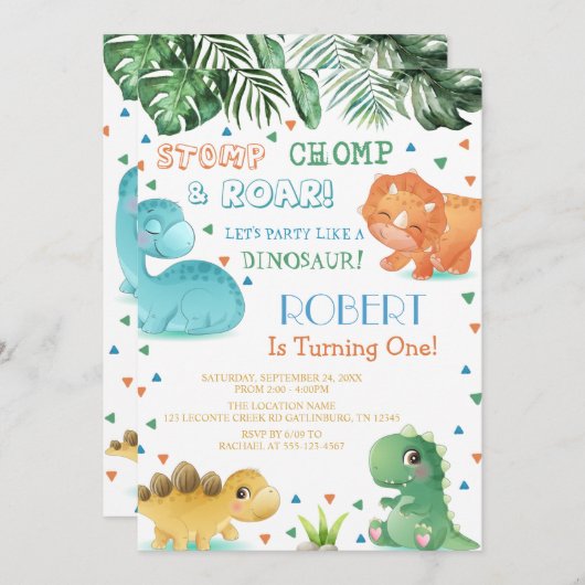 Theme Dinosaur Birthday Party Invitation Kaart (Voorkant / Achterkant)