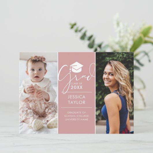 Then And Now 2 Foto Roze Afstudeerfeest Kaart (Staand voorkant)