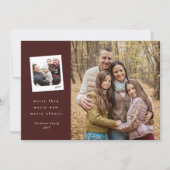 Then and now three photo maroon Merry Christmas Feestdagenkaart (Voorkant)