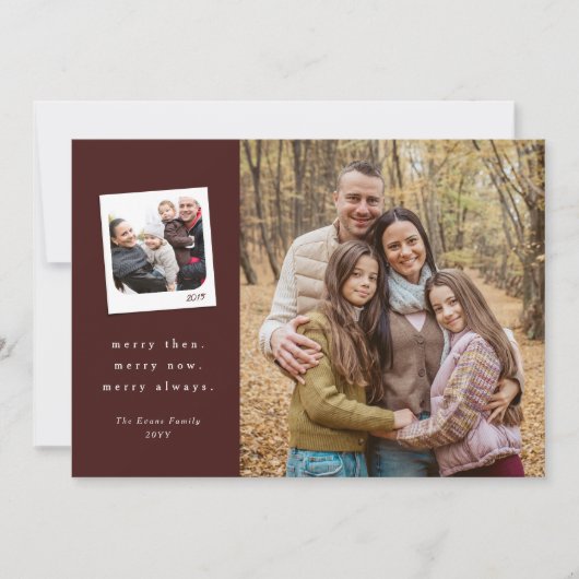 Then and now three photo maroon Merry Christmas Feestdagenkaart (Voorkant)