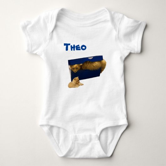 Theo Naam Met Kat In Een Doos, Baby Body Romper (Voorkant)