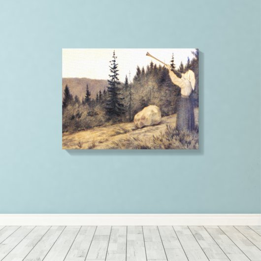 Theodor Kittelsen - Op onder Fjeldet-toner en Lur Canvas Afdruk (Insitu (Houten vloer))