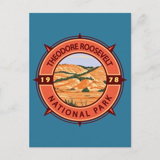 Theodore Roosevelt National Park Retro Compass Briefkaart (Voorkant)