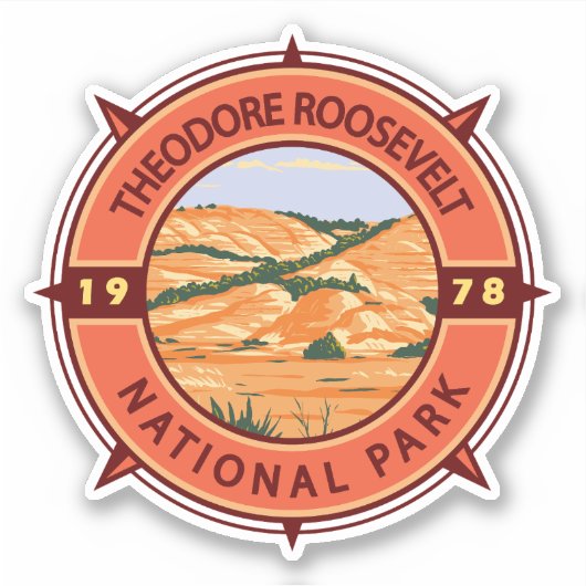 Theodore Roosevelt National Park Retro Compass Sticker (Voorkant)