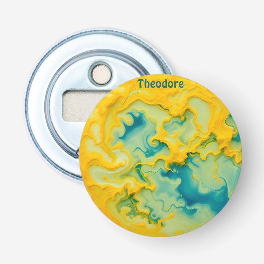 THEODORE ~ Schaduwen van Aqua Yellow Blue 3D ~ Button Flesopener (Voorkant)