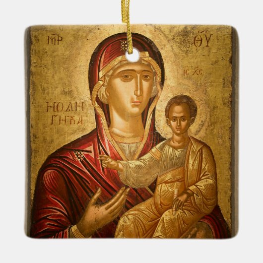 Theotokos en het Christus Kind Rood en Goud Icoon Keramisch Ornament (Voorkant)