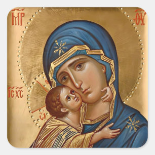 Theotokos en kindje Jezus in blauwen en gouden ico Vierkante Sticker