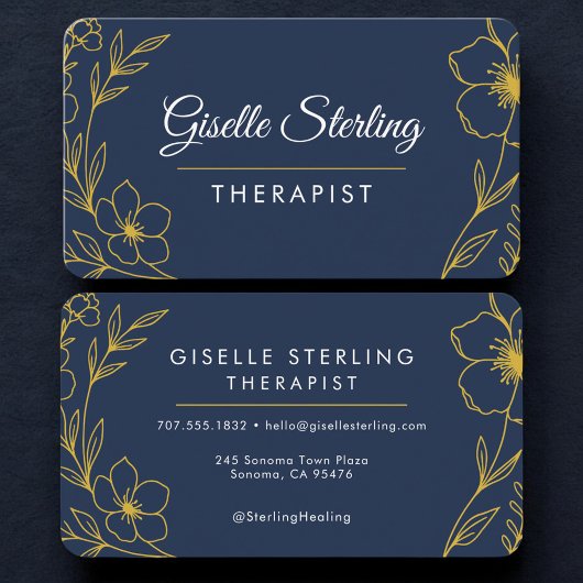 Therapist Floral Navy Blue Gold Professional Visitekaartje