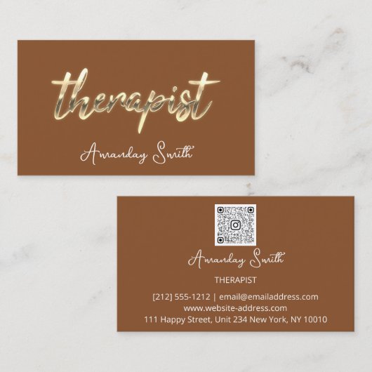 Therapist Golden Script QR Code Logo Brown Visitekaartje (Voorkant / Achterkant)