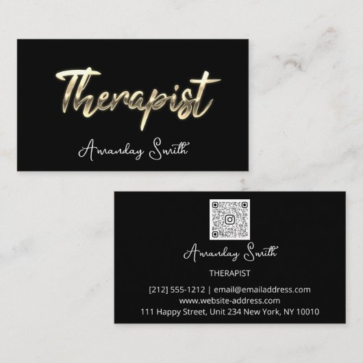 Therapist Golden ScriptQR Code Logo Black White Visitekaartje (Voorkant / Achterkant)